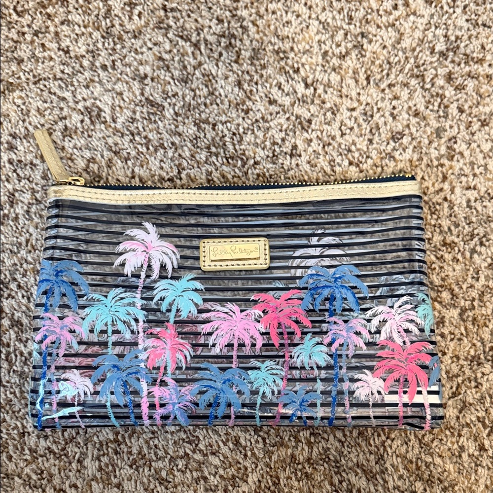 Lilly Pulitzer Black Striped Cosmetic Pouch with Pink, Blue & Teal Palm Trees